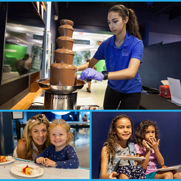 A chocolate fountain with a staff member serving, alongside images of children enjoying treats and a mother with her daughter.